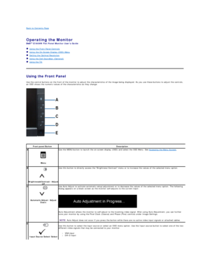 Page 13Back to Contents Page    
 
Operating the Monitor   
E1909W  Flat Panel Monitor Users Guide  
   Using the Front Panel Controls  
   Using the On - Screen Display (OSD) Menu  
   Setting the Optimal Resolution  
   Using the Dell Soundbar (Optional)  
   Using the Tilt  
    
Using the Front Panel  
Use the control buttons on the front of the monitor to adjust the characteristics of the image being displayed. As you use these buttons to adjust the controls, 
an OSD shows the numeric values of the...