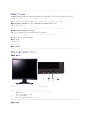 Page 3Product Features  
The  E170S/E190S  flat panel display has an active matrix, thin - film transistor (TFT), and liquid crystal display (LCD). The monitor features include:   
■   E170S:  17 - inch (432.7 mm) viewable area display. 1280 x 1024 resolution, plus full - screen support for lower resolutions.  
■   E190S:  19 - inch (482.2 mm) viewable area display. 1280 x 1024 resolution, plus full - screen support for lower resolutions.  
■  Wide viewing angle to allow viewing from a sitting or standing...