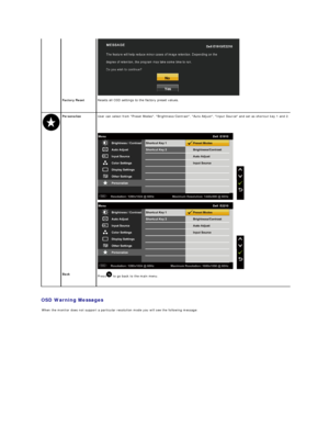 Page 22OSD Warning Messages    
 
Factory Reset   Resets all OSD settings to the factory preset values .    
  Personalize   User can select from Preset Modes, Brightness/Contrast, Auto Adjust, Input Source and set as shortcut key 1 and 2.
 
   
   
 
Back  
Press  to go back to the main menu.    
     
When the monitor does not support a particular resolution mode you will see the following message:
   