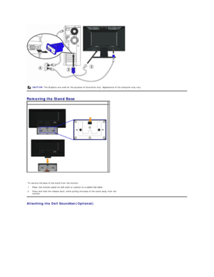 Page 25 
Removing the Stand Base   
   
Attaching the Dell Soundbar(Optional)  CAUTION:  The Graphics are used for the purpose of illustration only. Appearance of the computer may vary.
   
 
To remove the base of the stand from the monitor:  
1. Place  the monitor panel on soft cloth or cushion on a stable flat table.  
2. Press and hold the release latch, while pulling the base of the stand away from the 
monitor.  