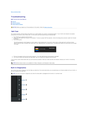 Page 27Back to Contents Page    
 
Troubleshooting  
 
E1910H  Flat Panel Monitor   
   Self - Test  
   Common Problems  
   Product Specific Problems  
   
Self - Test  
Your monitor provides a self - test feature that allows you to check whether your monitor is functioning properly. If your monitor and computer are properly 
connected but the monitor screen remains dark, run the monitor self - test by performing the following steps:   
1. Turn off both your computer and the monitor.   
2. Unplug the video...