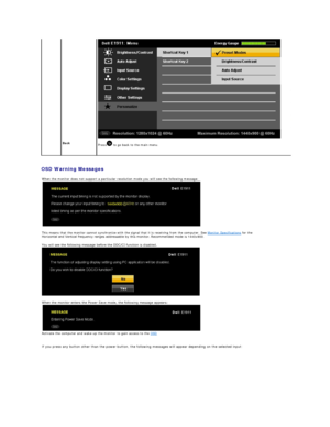 Page 22OSD Warning Messages   
   
 
Back  
Press  to go back to the main menu.    
     
When the monitor does not support a particular resolution mode you will see the following message:
 
 
This means that the monitor cannot synchronize with the signal that it is receiving from the computer. See  Monitor Specifications  for the 
Horizontal and Vertical frequency ranges addressable by this monitor. Recommended mode is  1440x900. 
 
You will see the following message before the DDC/CI function is disabled....