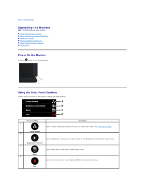 Page 13Back to Contents Page    
 
Operating the Monitor   
 E1912H  Monitor Users Guide  
   Using the Front Panel Controls  
   Using the On - Screen Display (OSD) Menu  
   PowerNap Software    
   Setting the Maximum Resolution  
   Using the Dell Soundbar (Optional)  
   Using the Tilt  
    
Power On the Monitor  
Press the   button to turn on the monitor.  
      
Using the Front Panel Controls  
Use the keys on the front of the monitor to adjust the image settings.   
             
Front panel Key...