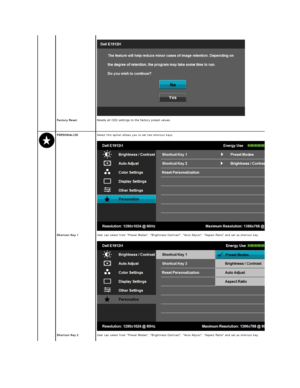 Page 19 
 
Factory Reset   Resets all OSD settings to the factory preset values .    
  PERSONALIZE   Select this option allows you to set two shortcut keys.   
 
   
 
Shortcut Key 1   User can select from Preset Modes, Brightness/Contrast, Auto Adjust, Aspect Ratio and set as shortcut key.   
 
Shortcut Key 2   User can select from Preset Modes, Brightness/Contrast, Auto Adjust, Aspect Ratio and set as shortcut key.     