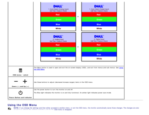 Page 14  or     
  or     
 
OSD menu /  select The  Menu button is used to  open and  exit  the on-screen display  (OSD),  and  exit  from  menus  and  sub -menus. See 
Using
the OSD Menu.
Down (-) and Up  (+)Use  these buttons to  adjust  (decrease/increase ranges)  items  in the OSD menu.
Power Button and Indicator Use  the
 power button to  turn  the monitor on and  off.
The  Blue  light  indicates  the monitor is on and  fully functional. An amber light  indicates  power save mode.
 
Using the OSD Menu...