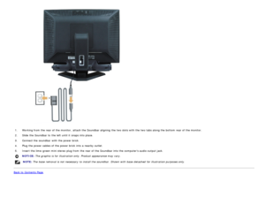 Page 251.Working from  the rear of the monitor,  attach the Soundbar aligning  the two slots with the two tabs along the bottom  rear of the monitor.
2. Slide the Soundbar to  the left  until it  snaps into place.
3. Connect the soundbar  with the power brick.
4. Plug the power cables of the power brick  into a  nearby outlet.
5. Insert the lime-green mini stereo plug from  the rear of the Soundbar into the computers audio output jack.
NOTICE:  The  graphic is for illustration only. Product appearance may...