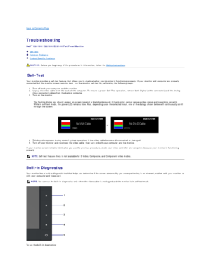 Page 28Back to Contents Page    
 
Troubleshooting  
 
E2010H/E2210H/E2310H  Flat Panel Monitor   
   Self - Test  
   Common Problems  
   Product Specific Problems  
   
Self - Test  
Your monitor provides a self - test feature that allows you to check whether your monitor is functioning properly. If your monitor and computer are properly 
connected but the monitor screen remains dark, run the monitor self - test by performing the following steps:   
1. Turn off both your computer and the monitor.   
2....