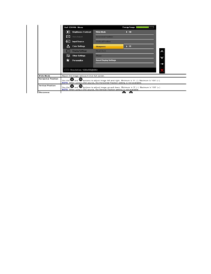 Page 23 
 
  
Wide Mode    Adjust the image ratio as 4:3 or full screen.
  
Horizontal Position  
Use the   and   buttons to adjust image left and right. Minimum is 0 ( - ). Maximum is 100 (+).  
NOTE:   When using a DVI source, the Horizontal Position setting is not available.  
  
Vertical Position  
Use the   and   buttons to adjust image up and down. Minimum is 0 ( - ). Maximum is 100 (+).  
NOTE:   When using a DVI source, the Vertical Position setting is not available.  
  
Sharpness  
This feature can...