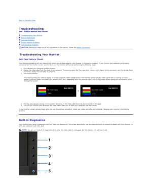 Page 29Back to Contents Page    
 
Troubleshooting  
 
   Troubleshooting Your Monitor  
   Built - in Diagnostics  
   Common Problems  
   Product Specific Problems  
   Dell Soundbar Problems  
Troubleshooting Your Monitor  
Self - Test Feature Check  
Your monitor provides a self - test feature that allows you to check whether your monitor is functioning properly. If your monitor and computer are properly 
connected but the monitor screen remains dark, run the monitor self - test by performing the following...