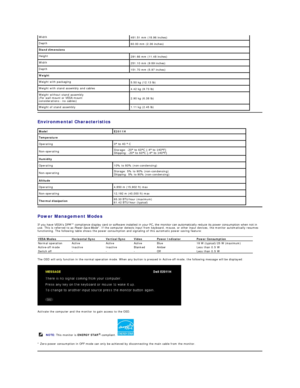 Page 7Environmental  Characteristics  
Power Management Modes  
If you have VESA's DPM™ compliance display card or software installed in your PC, the monitor can automatically reduce its power consumption when not in 
use. This is referred to as  Power Save Mode *. If the computer detects input from keyboard, mouse, or other input devices, the monitor automatically resumes 
functioning. The following table shows the power consumption and signaling of this automatic power saving feature:   
The OSD will...