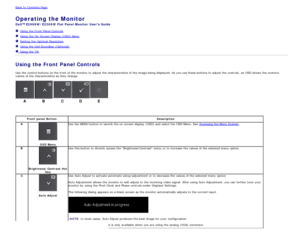 Page 14Back to  Contents Page
Operating the Monitor
Dell™ E2009W/E2209W Flat Panel Monitor  Users Guide
Using the Front Panel Controls
Using the On -Screen Display (OSD) Menu
Setting  the Optimal  Resolution
Using the Dell Soundbar (Optional)
  Using the Tilt
Using the Front Panel Controls
Use  the control buttons on the front of the monitor to  adjust  the characteristics of the image being displayed.  As you use these buttons to  adjust  the controls,  an OSD shows  the numeric
values of the characteristics...