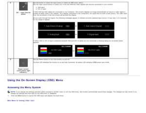 Page 15D
OK /  Input SourceSelect
Use  this button to  select the input source or select an OSD menu  option.Use  the Input source button to  select one  of the two different video  signals  that  may be connected to  your  monitor:
VGA inputDVI-D  input
If  both  VGA and  DVI cables are connected to  one  Computer, this monitor displays  an image automatically as long as a  video  signal  is
present in either  VGA or DVI outputs.  On  a  display  connected to  two Computers,  set  equal time for both  screen...