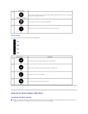 Page 14Front panel Key  
Use the keys  on the front of the monitor to adjust the image settings.   
             
   
Using the On - Screen Display (OSD) Menu  
 
Accessing the Menu System  Preset modes
B  
Brightness / Contrast  Use this button to directly access the Shortcut Key 2 (Default: Brightness/Contrast) menu or to decrease 
the value of the selected menu option.
C  
Menu    
Use the Menu key to open the on - screen display(OSD).  
D   
Exit    
Use the Exit key to exit on - screen display(OSD) from...