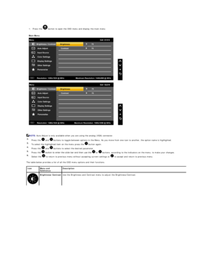 Page 151. Press the    button to open the OSD menu and display the main menu.   
   
The table below provides a list of all the OSD menu options and their functions.    Main Menu  
  NOTE:  Auto Adjust is only available when you are using the analog (VGA) connector.  
2.  
Press the   and   buttons to toggle between options in the Menu. As you move from one icon to another, the option name is highlighted.   
3.  
To select the highlighted item on the menu press the   button again.   
4.  
Press the   and...