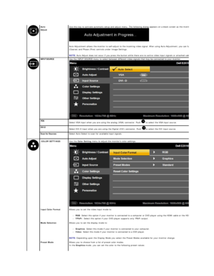 Page 16Auto 
Adjust    
    Use  this key to activate automatic setup and adjust menu. The following dialog appears on a black screen as the monitor self
 
Auto Adjustment allows the monitor to self - adjust to the incoming video signal. After using Auto Adjustment, you can further tune your monitor by using the Pixel Clock 
(Coarse) and Phase (Fine) controls under Image Settings.    
NOTE:  Auto Adjust does not occur if you press the button while there are no active video input signals or attached cables....