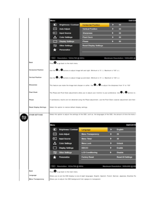 Page 18 
   
 
Back  
Press  to go back to the main menu .   
 
Horizontal Position    
Use the    or   buttons to adjust image left and right. Minimum is 0 ( - ). Maximum is 100 (+).   
 
Vertical Position    
Use the    or   buttons to adjust image up and down. Minimum is 0 ( - ). Maximum is 100 (+)   
 
Sharpness    
This feature can make the image look sharper or softer. Use    or   to adjust the sharpness from 0 to 100  
 
Pisel Clock    
The Phase and Pixel Clock adjustments allow you to adjust your...