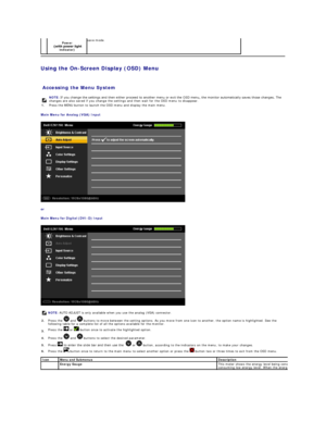 Page 16Using the On - Screen Display (OSD) Menu  
 
Accessing the Menu System  
Main Menu for Analog (VGA) Input  
 
or  
Main Menu for Digital (DVI - D) Input  
 
     
Power   
indicator)   save mode.   
 
    NOTE:   If you change the settings and then either proceed to another menu or exit the OSD menu, the monitor automatically saves those changes. The 
changes are also saved if you change the settings and then wait for the OSD menu to disappear.
1.   Press the MENU button to launch the OSD menu and...
