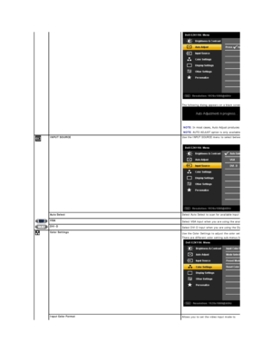 Page 22The following dialog appears on a black screen as the monitor automatically adjusts to the current input: 
NOTE:  In most cases, Auto Adjust produces the best image for your configuration.
NOTE:  AUTO ADJUST option is only available when you are using the analog (VGA) connector.
INPUT SOURCE    Use the INPUT SOURCE menu to select between different video signals that may be connected to your monitor.
  
  
Auto S elect Select Auto Select to scan for available input signals.
VGA  
Select VGA input when you...