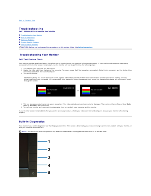 Page 30Back to Contents Page    
 
Troubleshooting  
 
   Troubleshooting Your Monitor  
   Built - in Diagnostics  
   Common Problems  
   Product Specific Problems  
   Dell Soundbar Problems  
Troubleshooting Your Monitor  
Self - Test Feature Check  
Your monitor provides a self - test feature that allows you to check whether your monitor is functioning properly. If your monitor and computer are properly 
connected but the monitor screen remains dark, run the monitor self - test by performing the following...