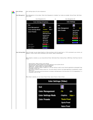 Page 17Color Settings Color Settings adjusts the color temperature.
Color Management Color Management is On by default. When Color Management is disabled, four modes are available: Normal Preset, Red Preset, Blue Preset, 
User Preset  
                          Color Management On   or Color Management Off      
 
Color Settings Mode   Under the model, you can choose Graphics or Video according to what the signal input is. If PC is connected to your monitor, please select 
Graphics; if DVD or STB or VCR is...