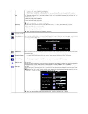 Page 18l Theatre Preset: Mode suitable for movie playback;    
l Sports Preset: Mode suitable for sports programme;   
l Nature Preset: Mode suitable for nature scenes. User can adjust the  Hue   (Tint)/Saturation based on the preference.      
Hue   This feature can make color shift of video image to green or purple. This is used to adjust for desired flesh tone color. Use  -  or + to adjust 
th e hue from 0 to 100 .  
-   makes video image shade into green ish    
+  makes video image shade into purplish...