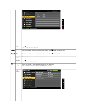Page 19  
 
Back  
Press   to go back to the main menu.
VGA  
Select VGA input when you are using the analog (VGA) connector. Press   to select the VGA input source.
DVI - D
Select DVI - D input when you are using the Digital (DVI) connector. Press   to select the DVI input source.
  
Scan for 
Sources   Select Auto Select to scan for available input signals.
  
Exit Menu  
Press    to exit the OSD main menu.
Color 
Settings Use the Color Settings to adjust the color setting mode and color temperature.  
There...