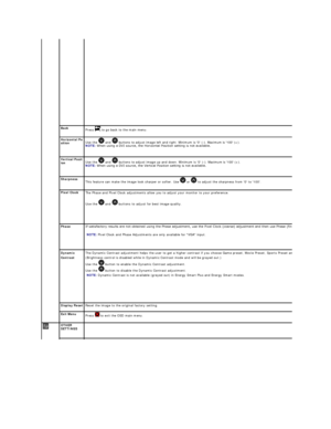 Page 21  
Back  
Press   to go back to the main menu.
  
Horizontal Po
sition   Use the   and   buttons to adjust image left and right. Minimum is 0 ( - ). Maximum is 100 (+).  
NOTE:   When using a DVI source, the Horizontal Position setting is not available.  
  
Vertical Posit
ion   Use the   and   buttons to adjust image up and down. Minimum is 0 ( - ). Maximum is 100 (+).  
NOTE:   When using a DVI source, the Vertical Position setting is not available.  
  
Sharpness  
This feature can make the image look...