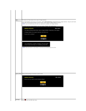 Page 23  
LCD 
Conditioning This feature will help reduce minor cases of image retention.  
 
If an image appears to be stuck on the monitor, select  LCD Conditioning  to help eliminate any image retention. Using the LCD Conditioning feature may take 
some time. LCD Conditioning feature cannot remove  severe cases of image retention or burn - in.
   
The below warning message appears once user selects  “ Enable LCD Conditioning.  
 
    NOTE:   Use LCD Conditioning only when you experience a problem with image...