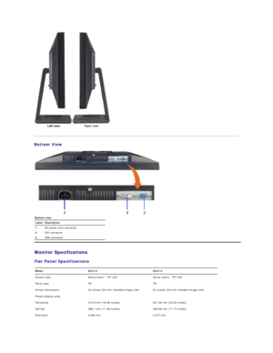 Page 5       
Bottom View        
    Right view  
Bottom view  
Label Description
1 AC power cord connector
2 DVI connector
3 VGA connector
Monitor Specifications  
Flat Panel Specifications  
Model G2210 G2410
Screen type Active matrix  -  TFT LCD Active matrix  -  TFT LCD
Panel type  TN TN
Screen dimensions 22 inches (22 - inch viewable image size) 24 inches (24 - inch viewable image size)
Preset display area:    
Horizontal 473.8 mm (18.65 inches) 531.36 mm (20.92 inches)
Vertical 296.1 mm (11.66 inches)...