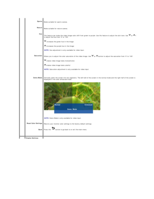 Page 15    Sports  
Nature  
Hue  
Saturation  
Demo Mode  
Reset Color Settings  
Back   Mode suitable for sports scenes.  
Mode suitable for nature scenes.  
This feature can make the video image color shift from green to purple. Use this feature to adjust the skin tone. Use   or   button 
to adjust the hue from 0 to 100.  
 increases the green hue in the image   
 increases the purple hue in the image  
NOTE:  Hue adjustment is only available for video input.    
Allows you to adjust the color saturation of...