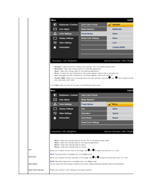 Page 17 
   
l Standard : Loads the monitors default color settings. This is the default preset mode.   
l Multimedia : Loads color settings ideal for multimedia applications.   
l Game : Loads color settings ideal for most gaming applications.   
l Warm : Increase the color temperature. The screen appears warmer with a red/yellow tint.   
l Cool : Decreases the color temperature. The screen appears cooler with a blue tint.   
l Custom (RGB) : Allows you to manually adjust the color settings. press the    and...