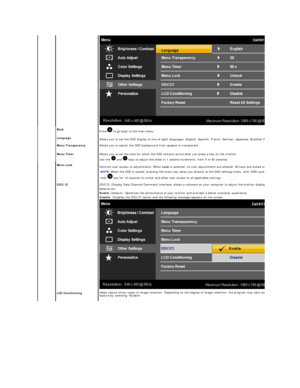 Page 19   
Back    
Language   Press  to go back to the main menu.   
Allows you to set the OSD display to one of eight languages: English, Spanish, French, German, Japanese, Brazilian Portuguese, Simplified Chinese or Russian
Menu Transparency   Allows you to adjust the OSD background from opaque to transparent.  
Menu Timer   Allows you to set the time for which the OSD remains active after you press a key on the monitor.  
Use the   and   keys to adjust the slider in 1 second increments, from 5 to 60...