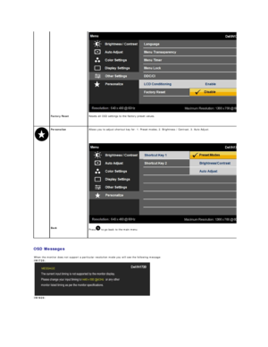 Page 20OSD Messages   
Factory Reset   Resets all OSD settings to the factory preset values .    
  Personalize   Allows you to adjust shortcut key for: 1. Preset modes, 2. Brightness / Contrast, 3. Auto Adjust.
 
   
 
Back  
Press  to go back to the main menu.    
     
When the monitor does not support a particular resolution mode you will see the following message:
IN1720:  
IN1920:  