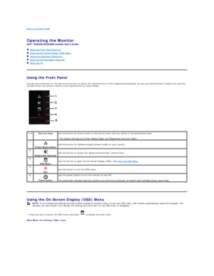 Page 14Back to Contents Page    
 
Operating the Monitor   
 
   Using the Front Panel Controls  
   Using the On - Screen Display (OSD) Menu  
   Setting the Maximum Resolution  
   Using the Dell Soundbar (Optional)  
   Using the Tilt  
   
Using the Front Panel  
Use the control buttons on the side of the monitor to adjust the characteristics of the image being displayed. As you use these buttons to adjust the controls, 
an OSD shows the numeric values of the characteristics as they change.  
   
Using the...