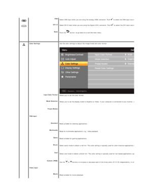 Page 17    VGA  
DVI - D
Back Select VGA input when you are using the analog (VGA) connector.  Push   to select the VGA input source. 
Select DVI - D input when you are using the Digital (DVI) connector.  Push   to select the DVI input source.
Push  the  button   to go back to or exit the main menu.  
 
 
  
   
    Color Settings
Input Color Format  
Mode Selection  
Preset Modes  
VGA input
Standard  
Multimedia 
Game  
Warm  
Cool  
Custom (RGB)  
Video input
Movie   Use the color settings to adjust the...