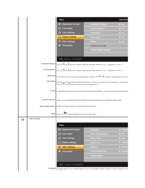 Page 19 
   
    
     
Horizontal Position  
Vertical Position  
Sharpness  
Pixel Clock  
Phase  
Dynamic Contrast  
Reset Display  Setting  
Back   Use the  and   buttons to adjust image left and right. Minimum is 0 ( - ). Maximum is 100 (+).   
Use the  and   buttons to adjust image up and down. Minimum is 0 ( - ). Maximum is 100 (+). 
This feature can make the image look sharper or softer. Use  or   to adjust the sharpness from 0 to 100 .
The Phase and Pixel Clock adjustments allow you to adjust your...