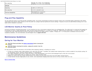 Page 13Dell IN2020/IN2020M Flat Panel Monitor Users Guide
file:///C|/Users/santhosh_v/Desktop/UG_en/about.htm[3/27/2013 12:20:59 PM]
Non-operatingStorage: 5% to  90%  (non-condensing)Shipping: 5% to  90%  (non-condensing)
Altitude
Operating 4,485 m (14,700 ft) max
Non-operating 12,191 m (40,000 ft) max
Thermal dissipation 256.08 BTU/hour (maximum)
119.5 BTU/hour (typical)
 
Plug and Play Capability
You  can  install the monitor in any Plug and  Play-compatible system. The  monitor automatically provides  the...