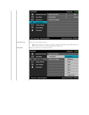 Page 20 
Input Color Format   Allows you to set the video input mode to :   
l RGB : Select this option if your monitor is connected to a computer or DVD player using the HDMI cable or the HDMI to DVI adapter
l YPbPr : Select this option if your DVD player supports only YPbPr output .   
 
Preset Modes   Allows you to choose from a list of preset color modes.   
 
     