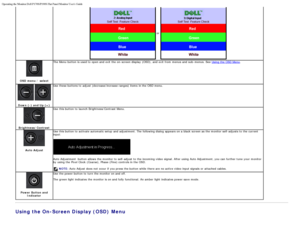 Page 5Operating the Monitor:Dell P170S/P190S Flat Panel Monitor Users Guide
file:///S|/SSA_Proposal/P170S_P190S/UG/operate.htm[7/8/2011 4:48:31 PM]
or
OSD menu /  select
 
The  
Menu button is used to  open and  exit  the on-screen display  (OSD),  and  exit  from  menus  and  sub -menus. See 
Using the OSD Menu.
Use these
  buttons to  adjust  (decrease/increase 

ranges)  items  in the OSD menu.
Down

 (-) and Up  (+)
Use
  this button to  launch Brightness/Contrast Menu.
Brightness/Contrast Use  this button...