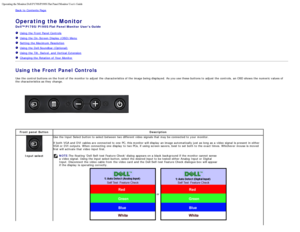 Page 4Operating the Monitor:Dell P170S/P190S Flat Panel Monitor Users Guide
file:///S|/SSA_Proposal/P170S_P190S/UG/operate.htm[7/8/2011 4:48:31 PM]
Back to  Contents Page
Operating the Monitor
Dell™ P170S/P190S Flat Panel Monitor  Users Guide
  Using the Front Panel Controls
  Using the On -Screen Display (OSD) Menu
  Setting  the Maximum Resolution
  Using the Dell Soundbar (Optional)
  Using the Tilt,  Swivel,  and  Vertical  Extension
  Changing the Rotation of Your  Monitor
Using the Front Panel Controls...