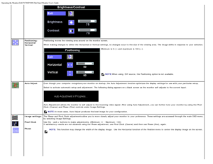 Page 8Operating the Monitor:Dell P170S/P190S Flat Panel Monitor Users Guide
file:///S|/SSA_Proposal/P170S_P190S/UG/operate.htm[7/8/2011 4:48:31 PM]
Positioning:
Horizontal
VerticalPositioning  moves the viewing area around  on the monitor screen.
When  making  changes to  either  the Horizontal  or Vertical  settings, no changes occur to  the size of the viewing area.  The  image shifts
 in response  to  your  selection.
Minimum  is 0 (-) 

and  maximum  is 100 (+).
 
 
 
 
 
NOTE:When  using  DVI source,  the...