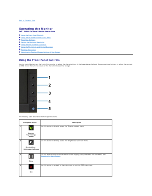 Page 16Back to Contents Page    
 
Operating the Monitor   
 
   Using the Front Panel Controls  
   Using the On - Screen Display (OSD) Menu  
   PowerNap Software  
   Setting the Maximum Resolution  
   Using the Dell Soundbar (Optional)  
   Using the Tilt, Swivel, and Vertical Extension  
   Rotating the monitor  
   Adjusting the Rotation Display Settings of Your System  
Using the Front Panel Controls  
Use the control buttons on the front of the monitor to adjust the characteristics of the image being...