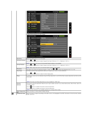 Page 27  
Display Setting submenu for DVI - D input    
  
 
  
Wide Mode    Adjust the image ratio as 4:3 or full screen.
  
Horizontal Position  
Use the   and   buttons to adjust image left and right. Minimum is 0 ( - ). Maximum is 100 (+).  
NOTE:  When using a DVI source, the Horizontal Position setting is not available.  
  
Vertical Position  
Use the   and   buttons to adjust image up and down. Minimum is 0 ( - ). Maximum is 100 (+).  
NOTE:  When using a DVI source, the Vertical Position setting is not...