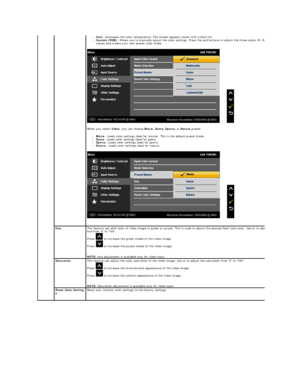 Page 20l Cool : Decreases the color temperature. The screen appears cooler with a blue tint.   
l Custom (RGB) : Allows you to manually adjust the color settings. Press the and buttons to adjust the three colors (R, G, B) 
values and create your own preset color mode.   
 
When you select  Video , you can choose  Movie, Game, Sports,  or  Nature  preset:  
l Movie : Loads color settings ideal for movies. This is the default preset mode.   
l Game : Loads color settings ideal for game.   
l Sports : Loads color...