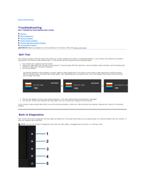 Page 34Back to Contents Page    
 
Troubleshooting  
 
   Self - Test  
   Built - in Diagnostics  
   Common Problems  
   Product Specific Problems  
   Universal Serial Bus Specific Problems  
   Dell Soundbar Problems  
Self - Test  
Your monitor provides a self - test feature that allows you to check whether your monitor is functioning properly. If your monitor and computer are properly 
connected but the monitor screen remains dark, run the monitor self - test by performing the following steps:   
1. Turn...