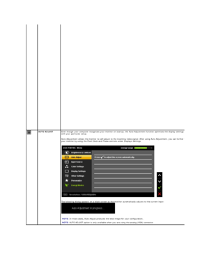 Page 23   
    AUTO ADJUST   Even though your computer recognizes your monitor on startup, the Auto Adjustment function optimizes the display settings for use 
with your particular setup. 
Auto Adjustment allows the monitor to self - adjust to the incoming video signal. After using Auto Adjustment, you can further tune 
your monitor by using the Pixel Clock and Phase controls under Displays Settings.  
The following dialog appears on a black screen as the monitor automatically adjusts to the current input:...