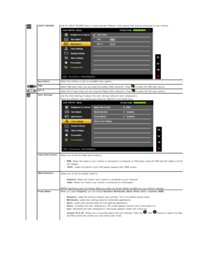 Page 24INPUT SOURCE    Use the INPUT SOURCE menu to select between different video signals that may be connected to your monitor.
  
 
 
Auto S elect Select Auto Select to scan for available input signals.
VGA  
Select VGA input when you are using the analog (VGA) connector. Press   to select the VGA input source.
DVI - D
Select DVI - D input when you are using the Digital (DVI) connector. Press   to select the DVI input source.
Color Settings
Use the Color Settings to adjust the color setting mode and color...