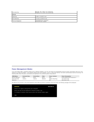 Page 10    Non - operating Storage: 5% to 90% (non - condensing)  
Shipping: 5% to 90% (non - condensing)
Altitude
Operating 4,850 m (15,902 ft) max
Non - operating 12,192 m (40,000 ft) max
Thermal dissipation 153.65 BTU/hour (maximum)  
85.36 BTU/hour (typical)
Power Management Modes  
If you have VESA's DPM™ compliance display card or software installed in your PC, the monitor can automatically reduce its power consumption when not in use. This is 
referred to as  Power Save Mode *. If the computer...