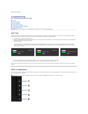 Page 29Back to Contents Page    
 
Troubleshooting  
 
   Self - Test  
   Built - in Diagnostics  
   Common Problems  
   Product Specific Problems  
   Universal Serial Bus Specific Problems  
   Dell Soundbar Problems  
Self - Test  
Your monitor provides a self - test feature that allows you to check whether your monitor is functioning properly. If your monitor and computer are properly 
connected but the monitor screen remains dark, run the monitor self - test by performing the following steps:   
1. Turn...