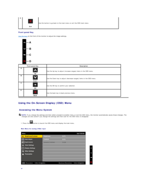 Page 17Front panel Key  
Use the keys  on the front of the monitor to adjust the image settings.   
           
Using the On - Screen Display (OSD) Menu  
 
Accessing the Menu System  
1.  Press the   button to launch the OSD menu and display the main menu.   
Main Menu for analog (VGA) Input    
 
or  
 D  
   
Exit    Use this button to go back to the main menu or exit the OSD main menu.  
Front panel Key Description  
A  
Up  Use the Up key to adjust (increase ranges) items in the OSD menu.
B  
Down  Use the...